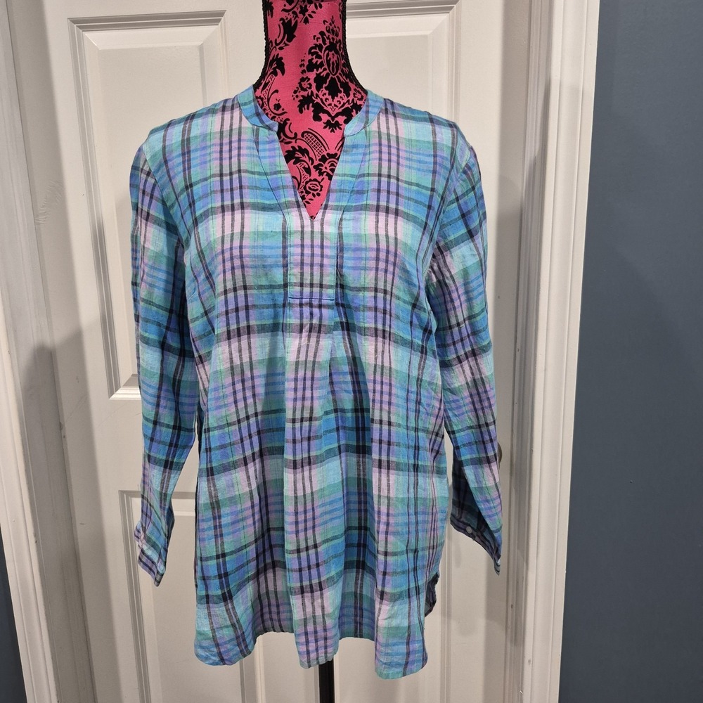 L.L. Bean Linen Tunic Shirt Top Womens Large Petite Teal Purple Plaid Split Neck